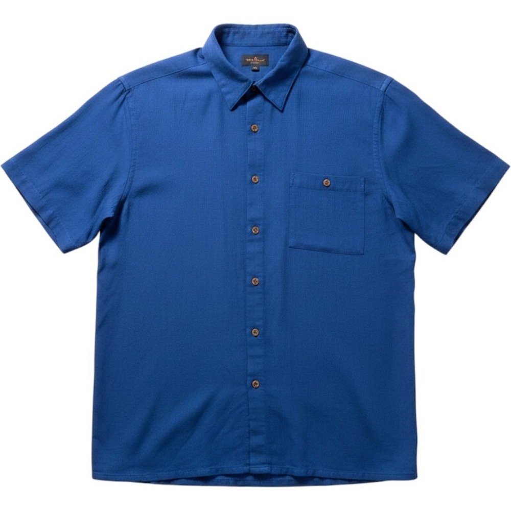 Island Shores Button Down Shirt Mens Large Blue Short Sleeve Rayon Blend Pocket